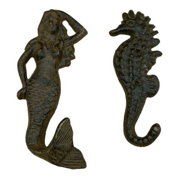 Not Marked Other - Beach Decor Coat Hat Wall Hooks Cast Iron Mermaid & Seahorse
